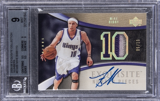 2005-06 UD "Exquisite Collection" Number Pieces #EN-MB Mike Bibby Signed Game Used Patch Card (#06/10) – BGS MINT 9/BGS 10